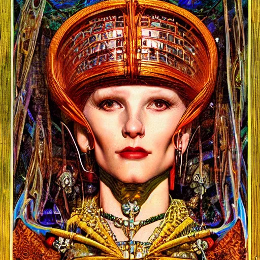 Prompt: close - up renaissance portrait of a primitive art deco android priestess, reflective detailed textures, highly detailed fantasy science fiction painting by moebius, norman rockwell and william holman hunt and syd mead. elaborate geometric ornament, rich colors, high contrast. artstation