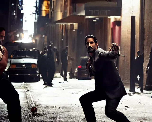 Image similar to mafioso ( joe manganiello ) throws a manhole cover at some vampires ; action scene from the modern hbo mini series / the outfit /, a supernatural mafia crime thriller about magical monster - hunting mafiosi in philadelphia, hd 8 k film photography, with modern supernatural horror aesthetic.