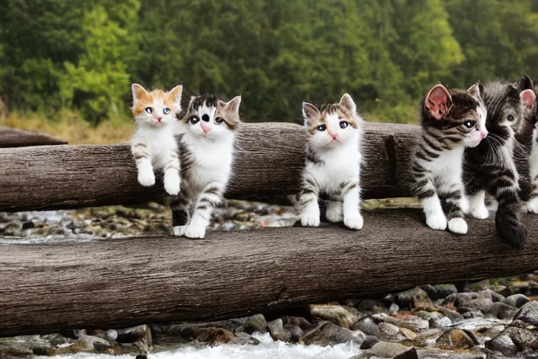 Image similar to kittens walking on a log bridge crossing a river