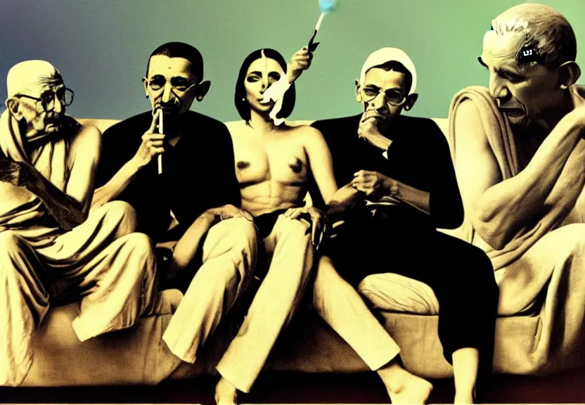 Image similar to Gandhi , Obama, Jesus, And Lady GaGa smoking a fat blunt on a sofa , photograph credit: AP, by Andy Warhol, photograph, by Beeple