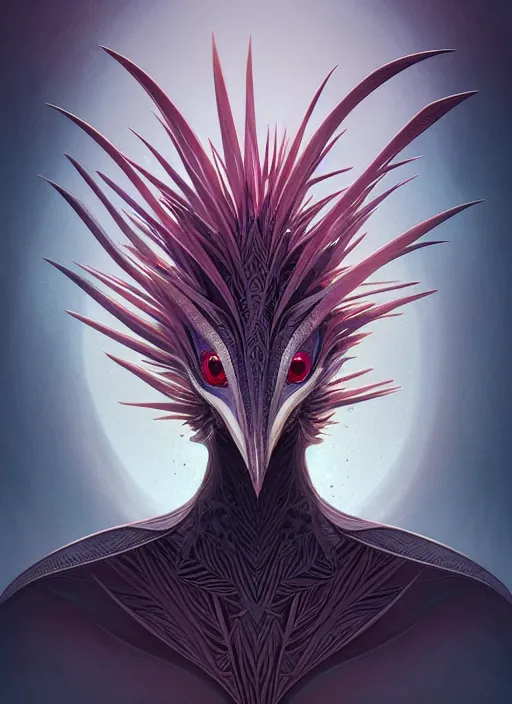 Prompt: anthropomorphic triangle brain in edgy darkshadowiron bird of paradise, intricate, elegant, highly detailed animal monster, digital painting, artstation, concept art, smooth, sharp focus, illustration, art by artgerm, dwayne barlowe, trending on artstation and greg rutkowski and alphonse mucha, 8 k