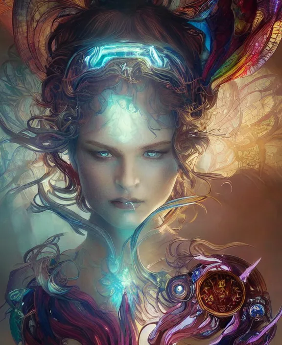 Image similar to a whirlwind of souls rushing inside the metaverse, half body, glowin eyes, jewelry, insect, lizard, d & d, fantasy, intricate, elegant, highly detailed, colorful, vivid color, digital painting, artstation, concept art, art by artgerm and greg rutkowski and alphonse mucha and ruan jia