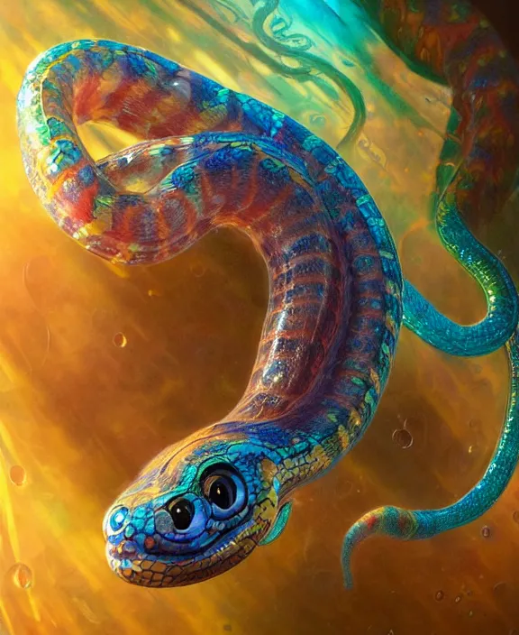 Prompt: intricate colorful transparent portrait of a disturbing beautiful alien snake creature, mottled coloring, adorable, childlike, underwater environment, ultra realistic, concept art, art nouveau, photorealistic, octane render, 8 k, unreal engine. art by christopher marley and artgerm and greg rutkowski and alphonse mucha