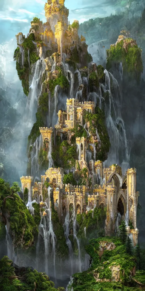 Prompt: a beautiful fantasy landscape of a large majestic castle adorned with gold linings and white marble walls from DND with lots of towers bridges and levels on top of a lush cliff with a huge waterfalls in the middle, ruins of structures at the bottom, afternoon light streaking with god rays, Dungeons and Dragons Castle, ornate, detailed, octane render, 8k, trending on artstation deviantart google images, pinterest, canon 35mm lens