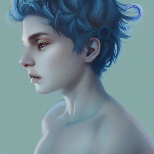 Prompt: young boy, blue hair, gorgeous, amazing, feminine, elegant, intricate, highly detailed, digital painting, artstation, concept art, sharp focus, portrait, illustration, art charlie bowater and Ross tran