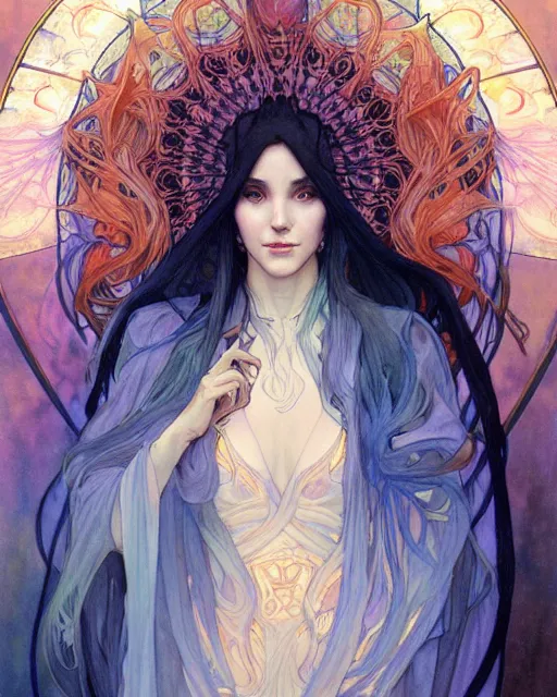 Prompt: Water priestess cloaked in ethereal fire and smoke, watercolor portrait by artgerm and alphonse mucha, anato finnstark, artstation, deviantart
