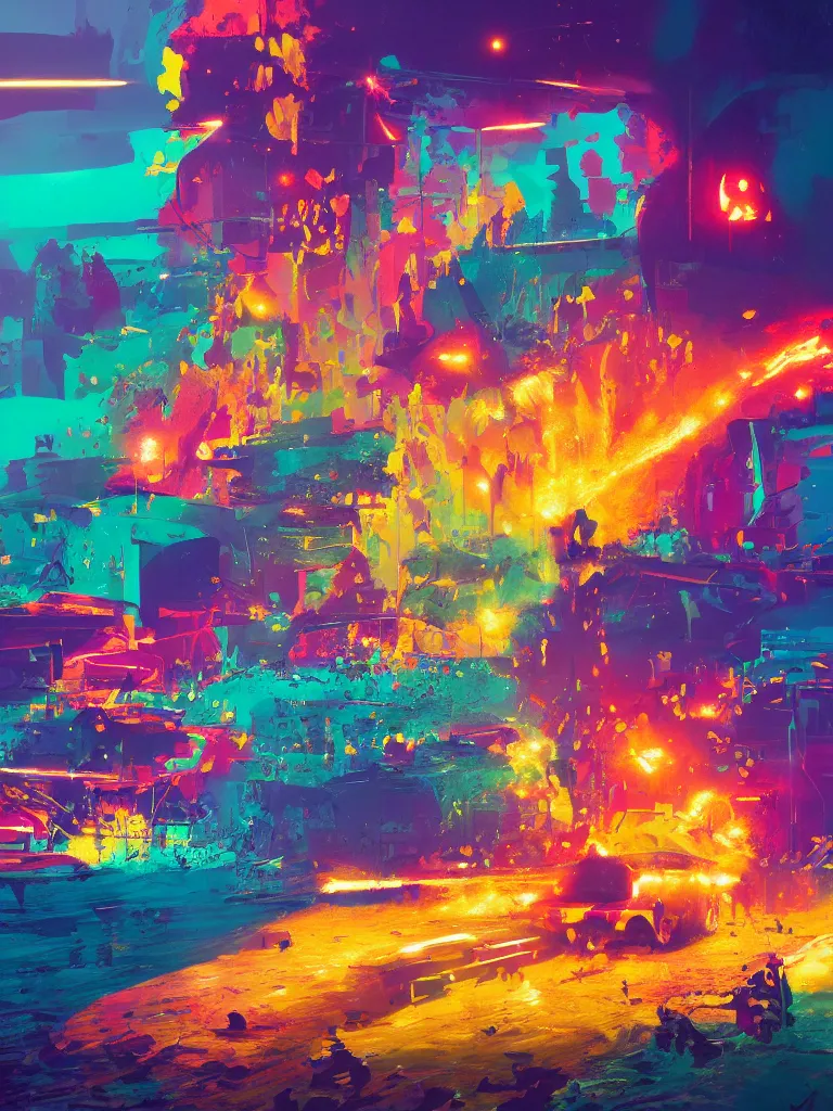 Image similar to a colorful explosion, color splashes in a painting from stalenhag, 4 k, 8 k, hdr, artstation, concept art