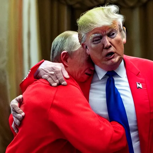 Prompt: donald trump in a red track suit hugging vladimir putin