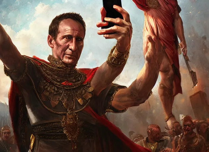 Prompt: julius caesar taking a selfie with an iphone as rome burns behind him by wlop and raymond swanland