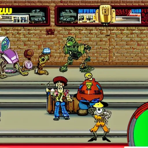 Image similar to gameplay still of metal slug game featuring toy story characters, by SNK for neo Geo arcade