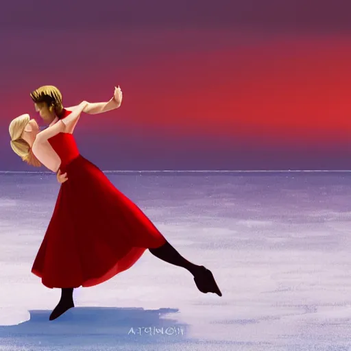 Prompt: a couple dancing tango in a frozen lake by artgerm, girl wears a red dress, Artstation, smooth, natural lighting, illustration, atmospheric