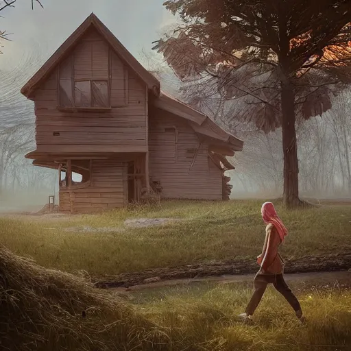 Image similar to woman leaving her wooden broken house by simon stålenhag, very highly detailed, award winning, rendered by Beeple, by Makoto Shinkai, syd meade, starwars, space art concept, digital art, unreal engine, blender, WLOP, trending on artstation, 4K UHD image, octane render