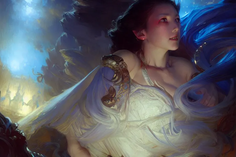 Image similar to netease sephiroth, night, brilliant colors and hard shadows and strong rim light, colorful, night sky, cool white color temperature, blue hue, cool tones, painting by gaston bussiere, craig mullins, j. c. leyendecker