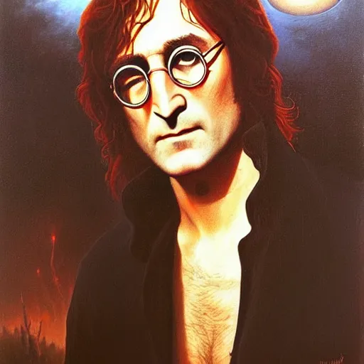 Prompt: john lennon in the mist by Gerald Brom, masterpiece portrait