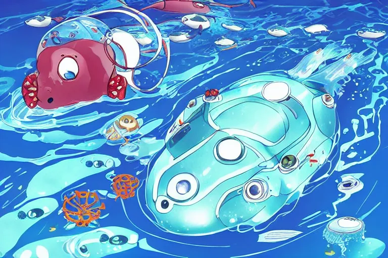 Image similar to “robot baby seals swimming through the Arctic Ocean, surrounded by fish and jellyfish, anime style”