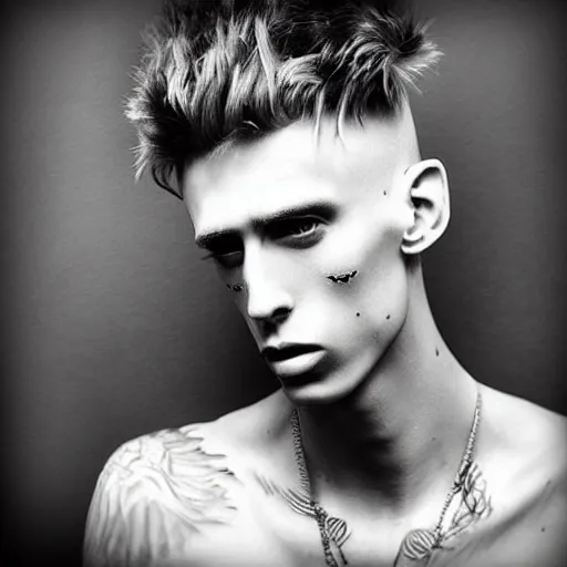 Image similar to “a realistic detailed photo of a guy who is an attractive humanoid who is half robot and half humanoid, who is a male android, rapper Machine Gun Kelly, shiny skin, posing like a statue, blank stare”