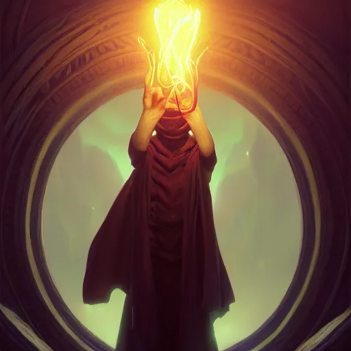 Image similar to highly detailed vfx portrait of an old mage casting a light spell, unreal engine, greg rutkowski, loish, rhads, beeple, makoto shinkai and lois van baarle, ilya kuvshinov, rossdraws, tom bagshaw, alphonse mucha, global illumination, detailed and intricate environment