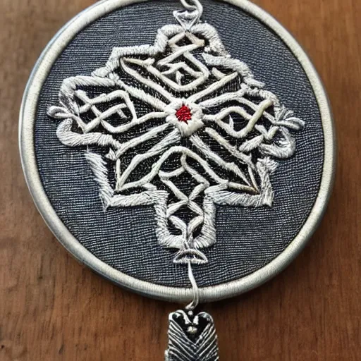 Prompt: Silver embroidered baldurs-gates amulet, realistic, clean,