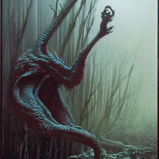 Prompt: concept art of a eldritch creature with 4 legs, skull, fantasy, forest, heavy fog, wayne barlowe and zdzislaw beksinski
