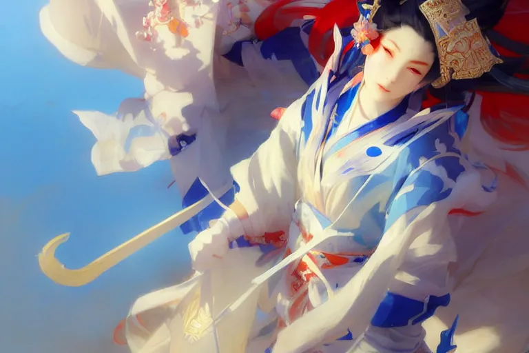 Prompt: onmyoji, onmyoji detailed art, artstation, vibrant colors and hard shadows and strong rim light, light blue sky, cool white color temperature, painting by gaston bussiere and craig mullins