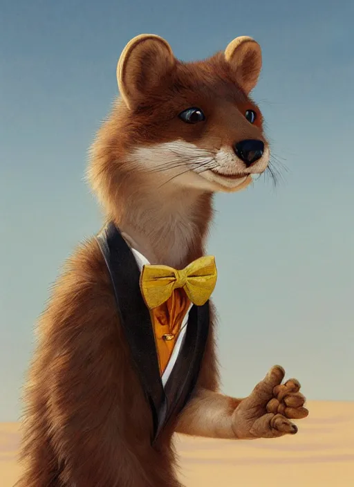 Image similar to Character portrait of a happy furry anthro weasel wearing a bowtie in the desert wilderness, intricate, elegant, highly detailed, digital painting, artstation, concept art, smooth, sharp focus, illustration, art by Krenz Cushart and Artem Demura and alphonse mucha