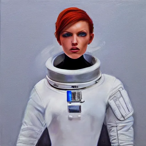 Image similar to redhead fashion model in futuristic astronaut suit, portrait, hyperrealism oil painting