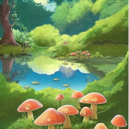 Image similar to a beautiful lake with cute little mushrooms growing around it, fantasy art, 2 d, by studio ghibli