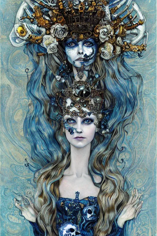 Image similar to The Princess of Bones by Karol Bak, Jean Deville, Gustav Klimt, and Vincent Van Gogh, portrait of a porcelain doll princess wearing a crown, porcelain ball-joint doll face with blue painted tattoos, pale blue eyes, mystic eye, otherworldly, crown made of bones, ornate jeweled crown, skulls, fractal structures, arcane, inscribed runes, infernal relics, ornate gilded medieval icon, third eye, spirals, rich deep moody colors