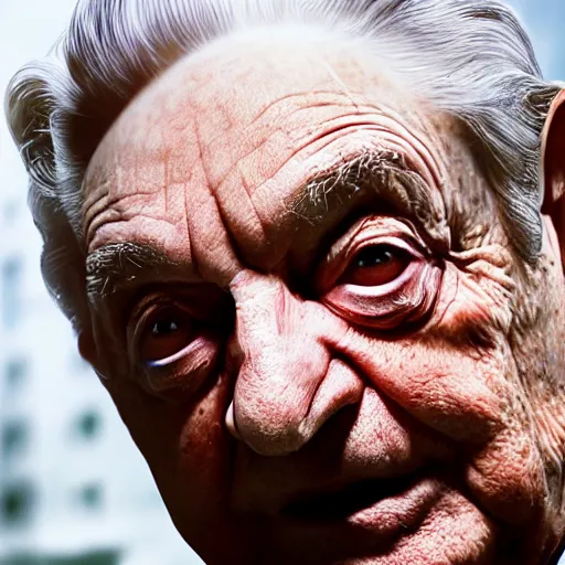 Image similar to Portrait of George Soros looking evil, splash art, movie still, cinematic lighting, dramatic, octane render, long lens, shallow depth of field, bokeh, anamorphic lens flare, 8k, hyper detailed, 35mm film grain