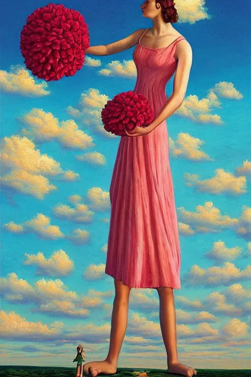 Image similar to giant carnation flower head, woman standing, surreal, clouds in sky, impressionist painting, digital painting, artstation, rob gonsalves