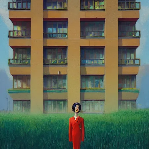 Image similar to huge flower as head, woman in suit standing by tall windows, modernist luxury apartment, surreal photography, sunlight, impressionist painting, digital painting, artstation, simon stalenhag