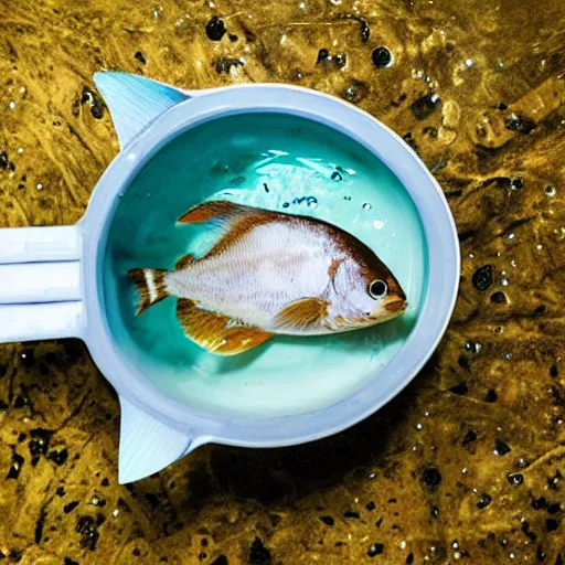 Prompt: photo of fish swimming in a toilet bowl.