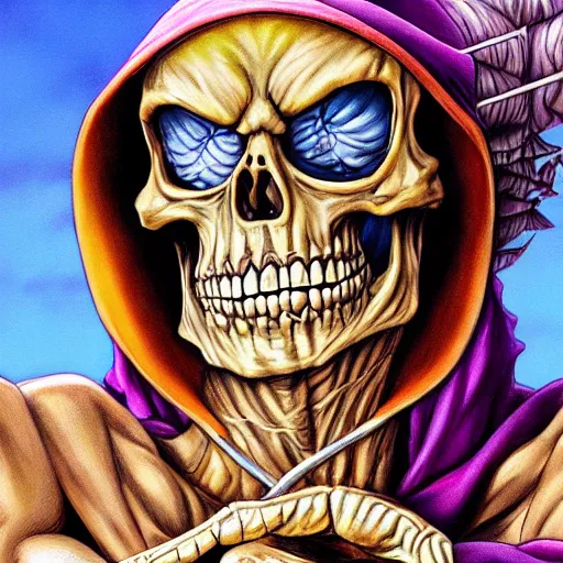 Image similar to ultra realistic portrait painting of skeletor, art by eiichiro oda, 4 k, one piece artstyle, cel shaded, highly detailed, epic lighting