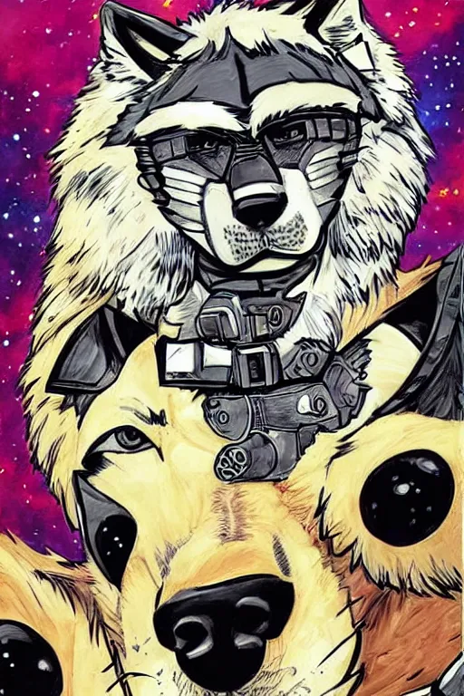 Image similar to beautiful professional art of a portrait an anthropomorphic wolf anthro furry fursona, wearing space mercenary uniform, heroic, 8 0 s comic art by jack kirby