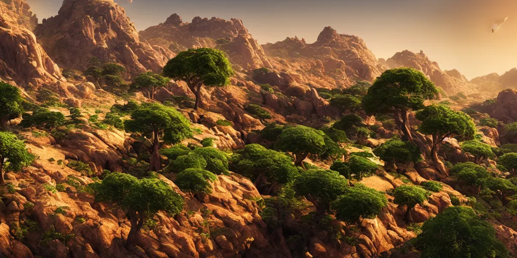 Prompt: Lively landscape of a socotra island filled with socotra dragon trees, realistic detailed digital art by Maxwell Boas Jessica Rossier Christian Dimitrov Anton Fadeev trending on Artstation CGSociety rendered in Unreal Engine 4k HQ