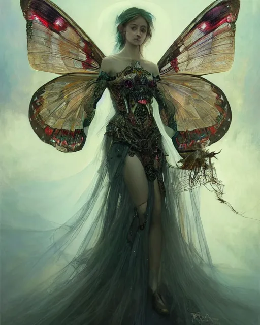 Image similar to Moth Fairy Maiden with large moth like wings wearing ornate dress by Ruan Jia and Andrei Riabovitchev, featured on Artstation, Hyperdetailed, stylized, realistic oil on linen, masterpiece, fantasy