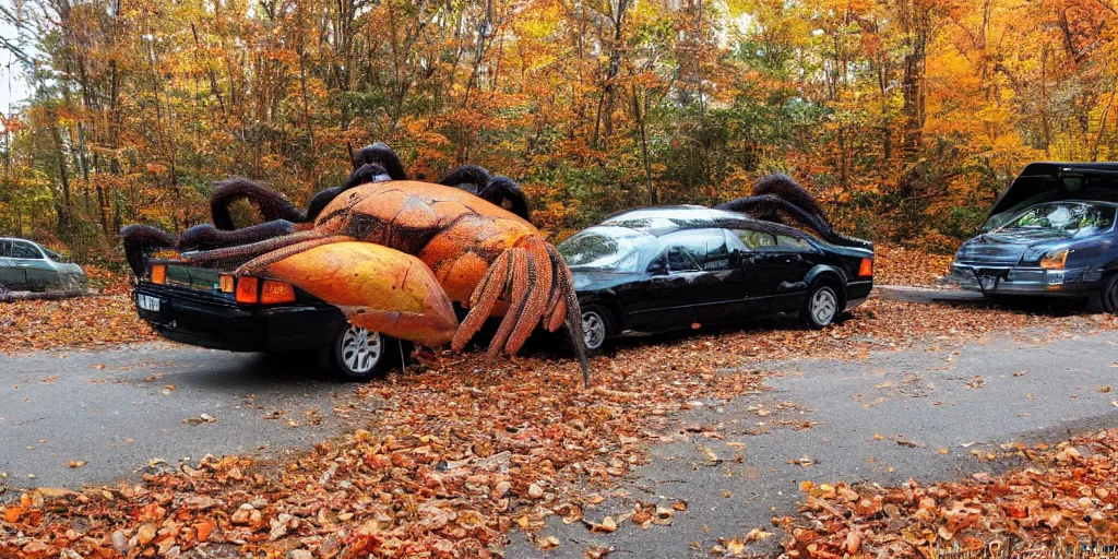 Image similar to A photo of a giant tarantula waits behind a car in autumn pennsylvania