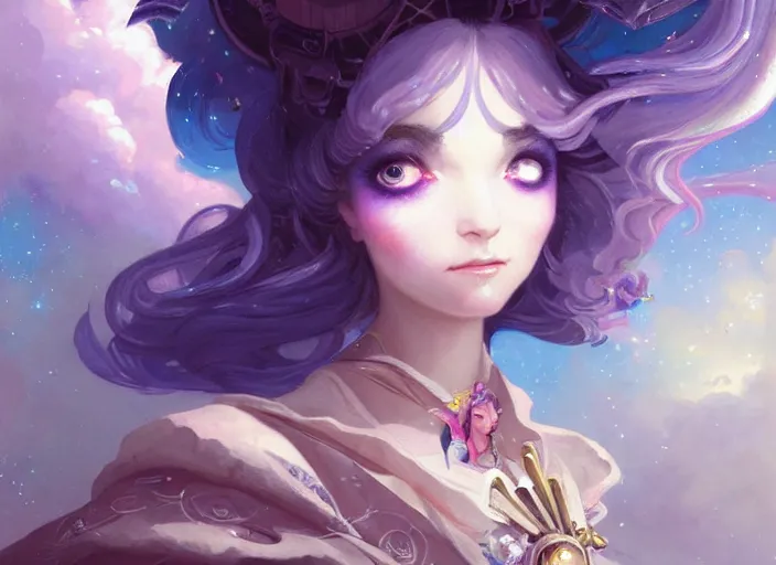 Prompt: close up picture of an maximalist dress magical girl, neat hair with bangs, slightly smiling, extremely beautiful and aesthetic and detailed cute face and eyes, wipe out evils with cute astronaut familiar sprites, aming the magical beams, chiaroscuro, intricate, masterpiece, fantasy illustrations by peter mohrbacher and anato finnstark and jeremy lipking