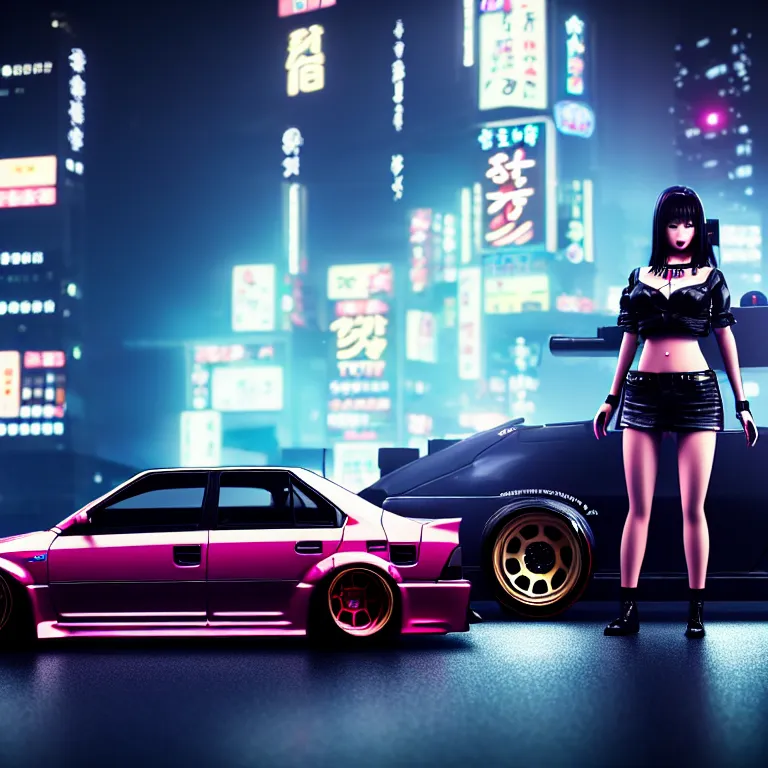 Prompt: toyota jzx 1 0 0 drift, detailed - wheels, shibuya prefecture, with cyberpunk girl standing, cinematic lighting, photorealistic, night photography, octane render