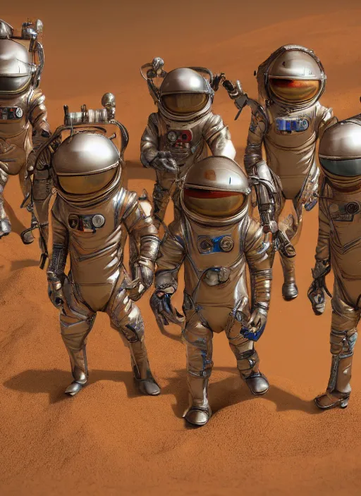 Image similar to group closeup portrait of medieval goblins wearing spacesuits on mars, depth of field, zeiss lens, detailed, symmetrical, centered, fashion photoshoot, by annie leibovitz and steve mccurry, david lazar, jimmy nelsson, breathtaking, 8 k resolution, extremely detailed, beautiful, establishing shot, artistic, hyperrealistic, beautiful face, octane render