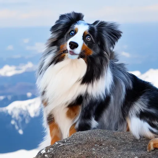 Prompt: blue Merle Australian shepard on top of a mountain