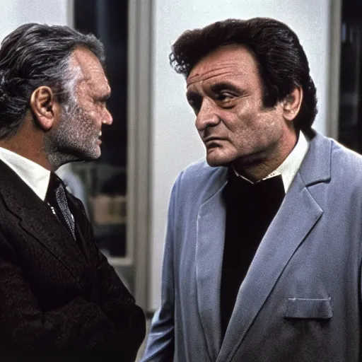 Prompt: Columbo Peter Falk interviewing old Hannibal Lecter Anthony Hopkins, cinematic, movie still, symmetrical faces!!!, round symmetrical eyes!!!, kodak 2383 film