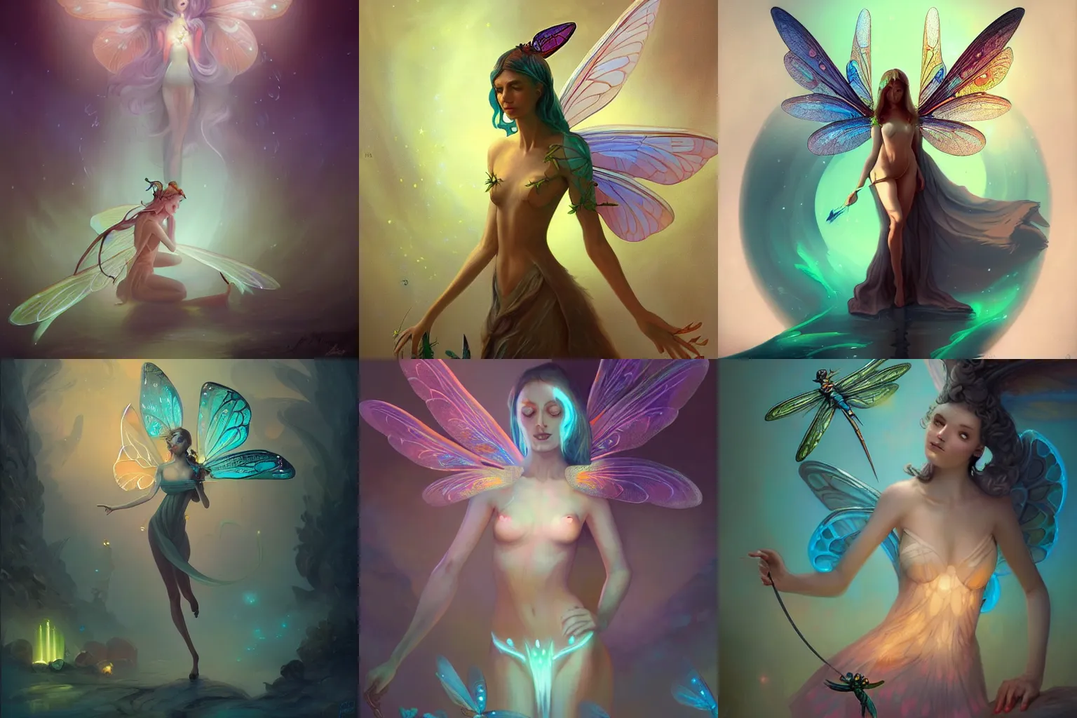 Prompt: a beautiful fairy with dragonfly wings, bioluminescence, by peter mohrbacher, artstation