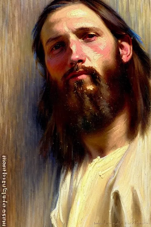 Image similar to impressionist brushstrokes!!!!!!!!! solomon joseph solomon and richard schmid and jeremy lipking victorian loose genre loose painting full length portrait painting of jesus with a slight smile happy inviting