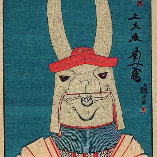 Prompt: japanese color woodblock print of a llama wearing a noh mask.