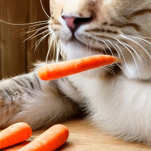 Image similar to big tabby cat with white paws biting a carrot 3D