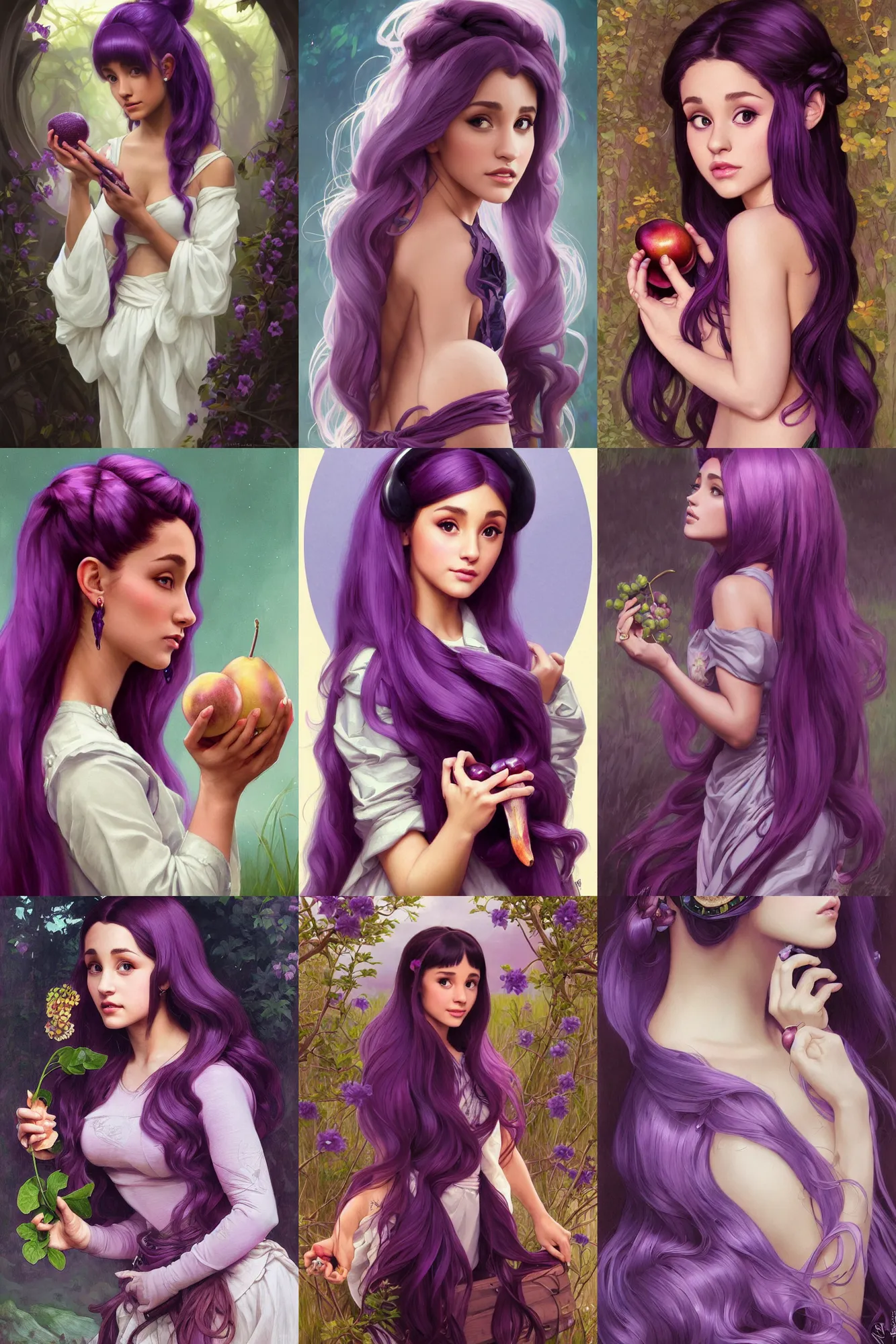 Prompt: beautiful cottagecore Ariana Grande holding a purple plum, purple hair, intricate, elegant, highly detailed, digital painting, artstation, concept art, smooth, sharp, focus, illustration, art by artgerm and greg rutkowski and alphonse mucha