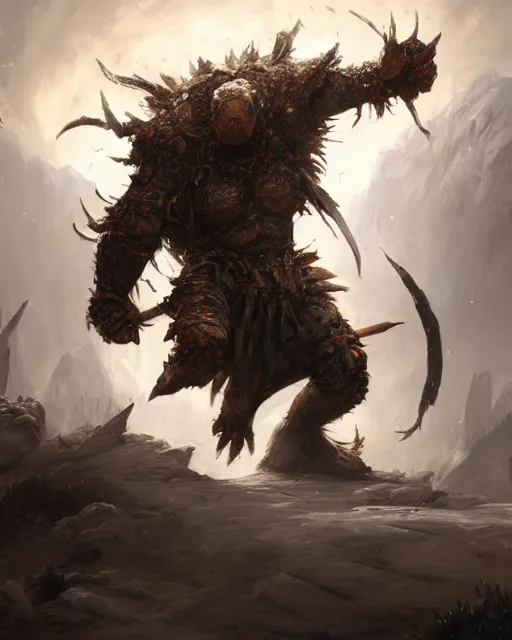 Image similar to oil painting of Angry Anthropomorphized Turtle Berserker, wearing fur armor, claws, sharp focus, attack pose, fantasy style, octane render, volumetric lighting, 8k high definition, by greg rutkowski, highly detailed, trending on art Station, magic the gathering artwork, burning Battlefield background, centered