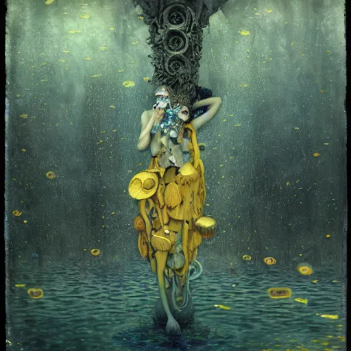 Image similar to wetplate photography of yellow jester playing mystical tunes underwater with one wing hungry souls around by Klimt, Artificial Nightmares drawn by Peter Mohrbacher, Zdzisław Beksiński and thu berchs James Gurney unreal engine octane, Trending on artstation.