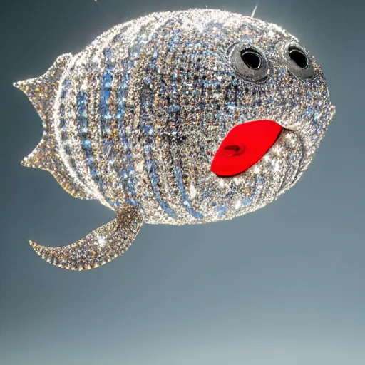 Prompt: A diamond encrusted killer anglerfish with jeweled teeth, the esca light is a minature vegas casino